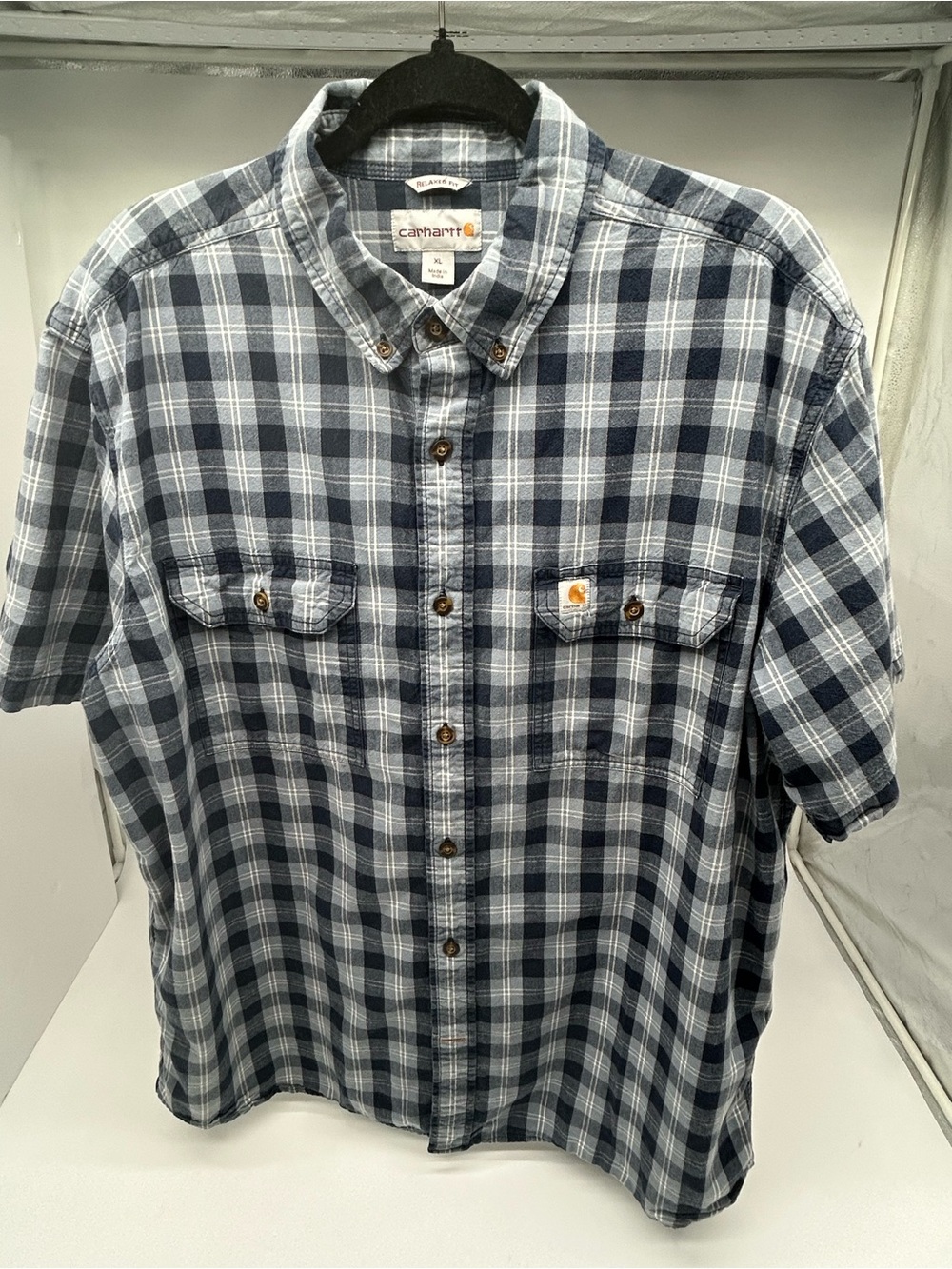 Carhartt Blue and Gray Plaid Short Sleeve Relaxed Fit XL Button-Down Shirt